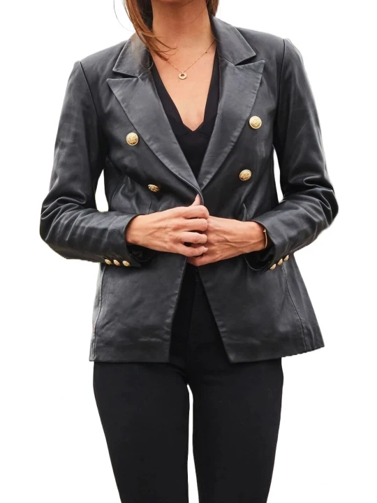Gold Buttons Black Leather Blazer