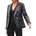 Gold Buttons Black Leather Blazer