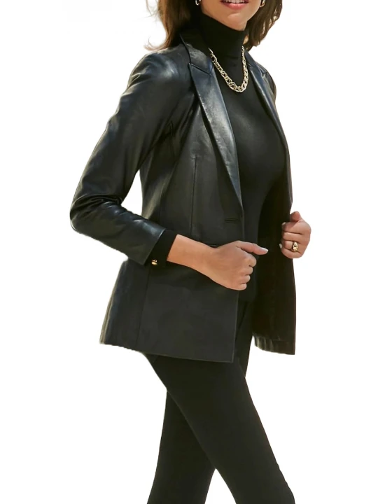 Jetted Pockets Black Leather Blazer