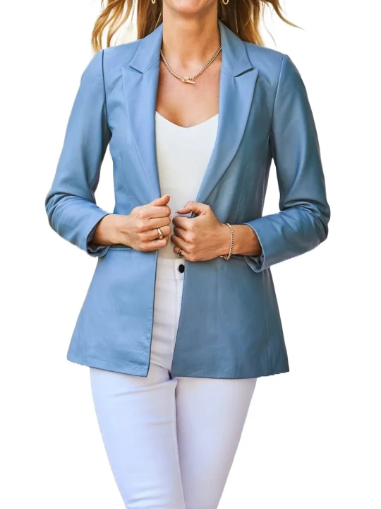 Jetted Pockets Blue Leather Blazer