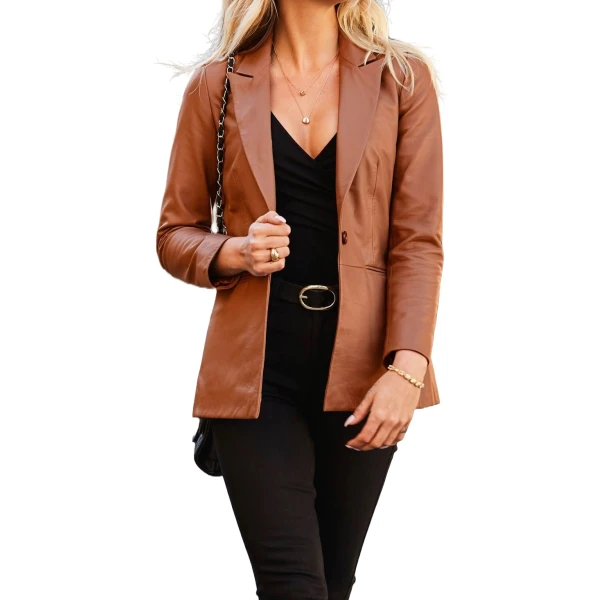 Jetted Pockets Brown Leather Blazer