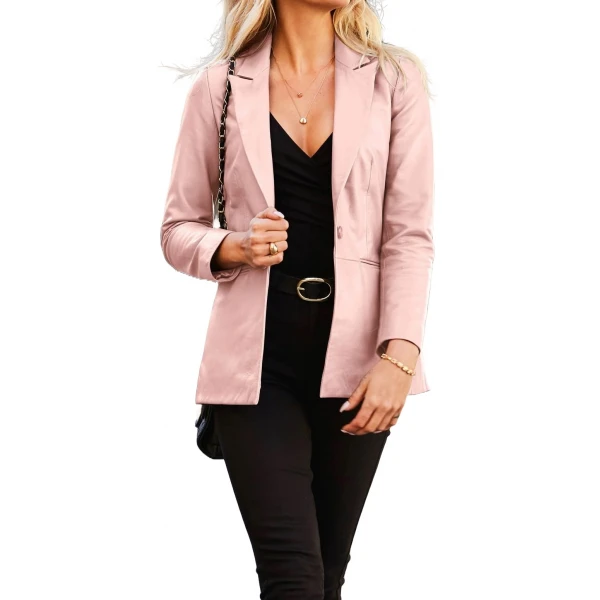 Jetted Pockets Pink Leather Blazer