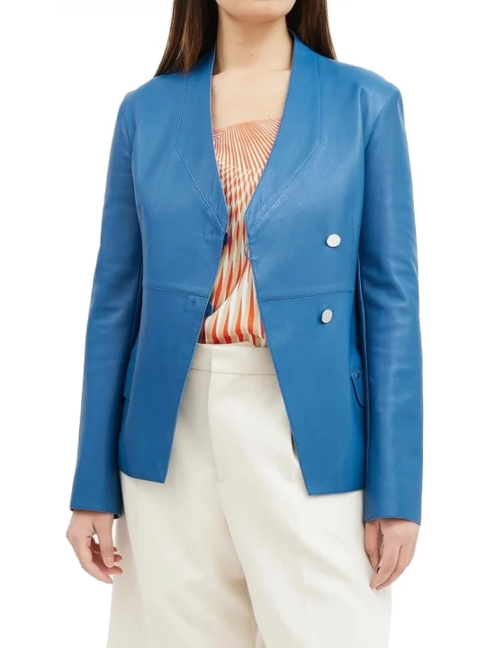 Metal Buttons Blue Leather Blazer