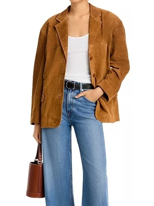 Notch Lapel Camel Suede Leather Blazer