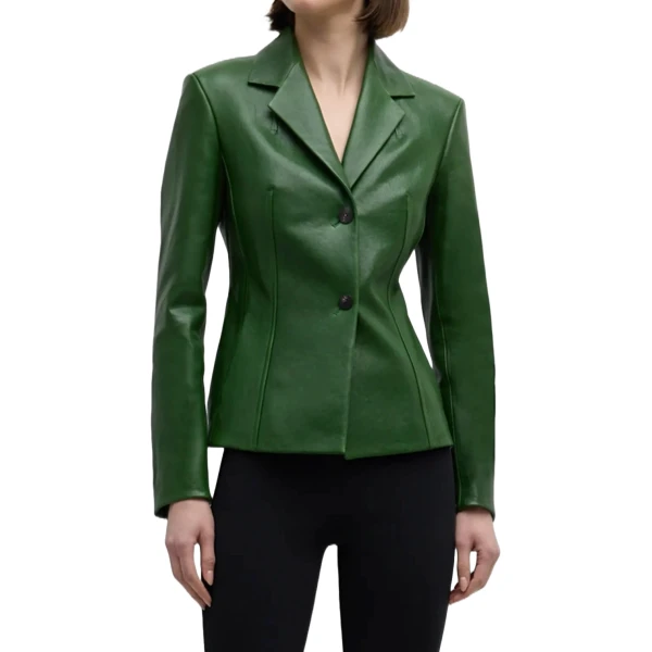 Notched Collar Green Leather Blazer