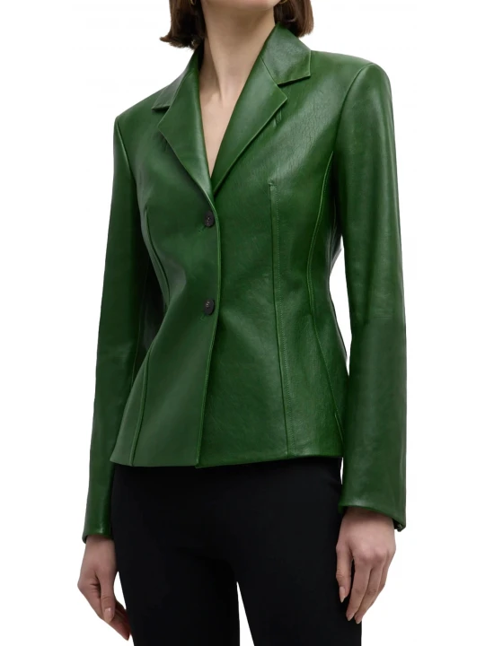 Notched Collar Green Leather Blazer