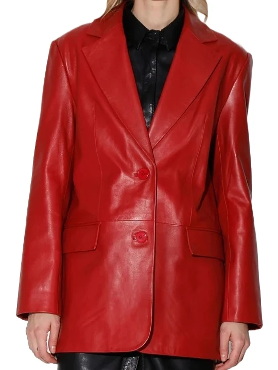 Notched Collar Red Leather Blazer