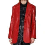 Notched Collar Red  Leather Blazer