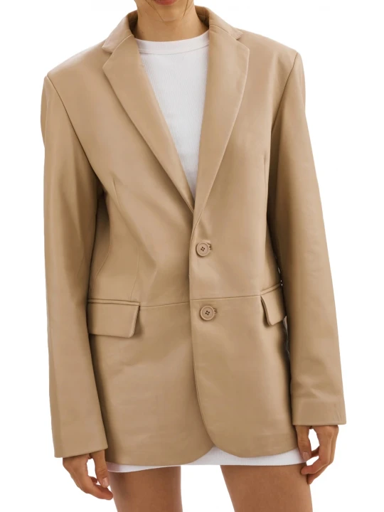Notched Lapel Beige Leather Blazer