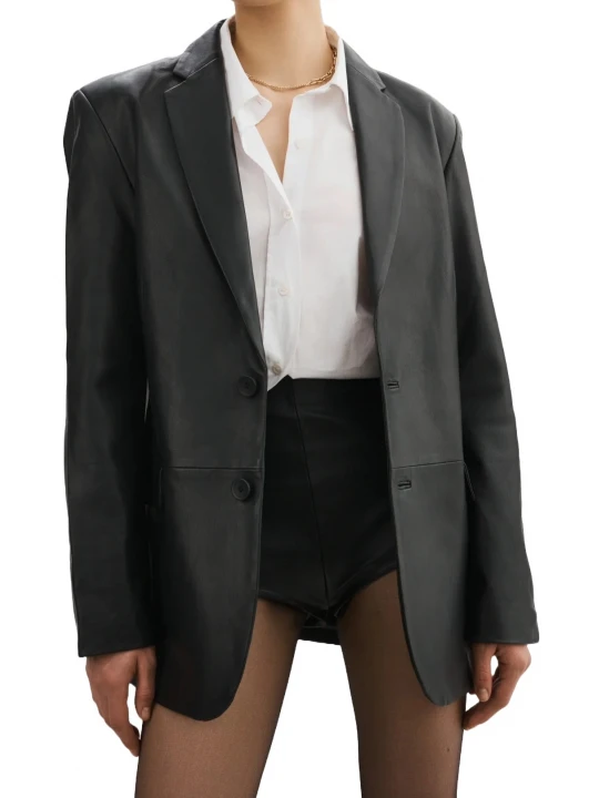 Notched Lapel Black Leather Blazer
