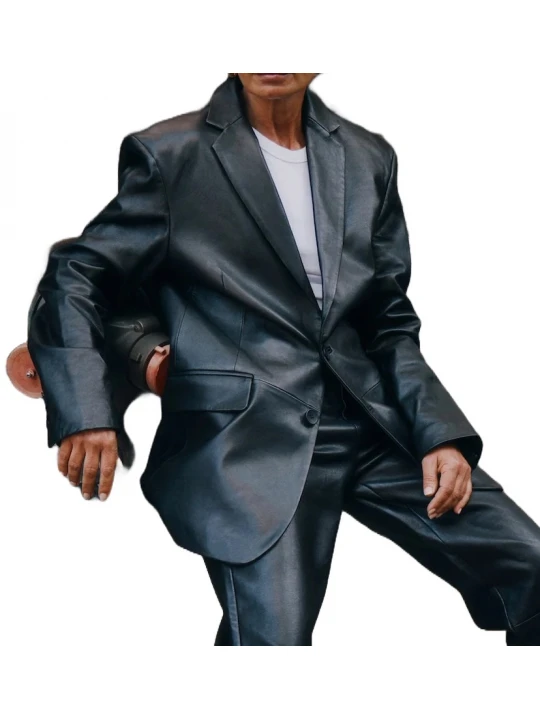 Notched Lapel Black Leather Blazer