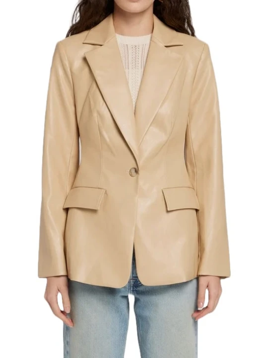 One Button Beige Leather Blazer