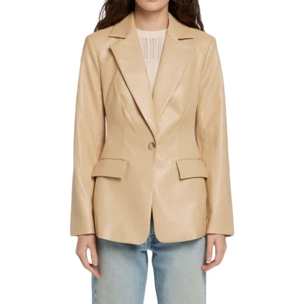 One Button Beige Leather Blazer