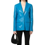 One Button Blue Leather Blazer