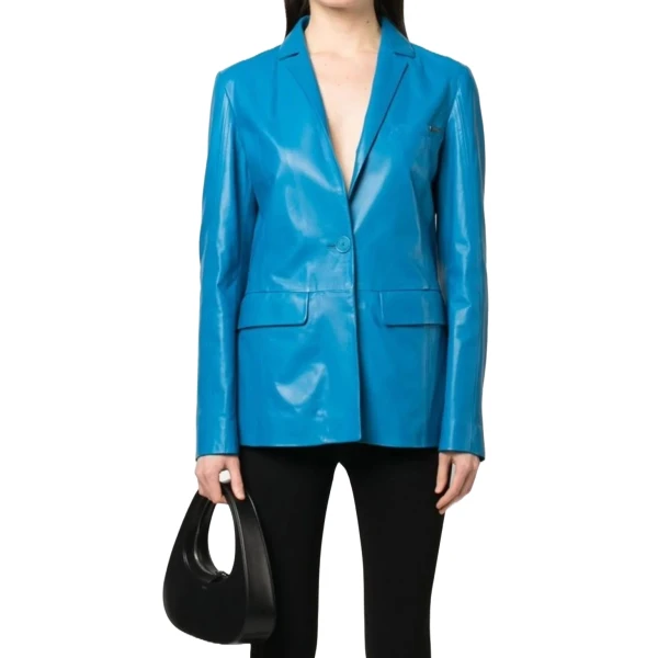 One Button Blue Leather Blazer
