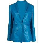 One Button Blue Leather Blazer