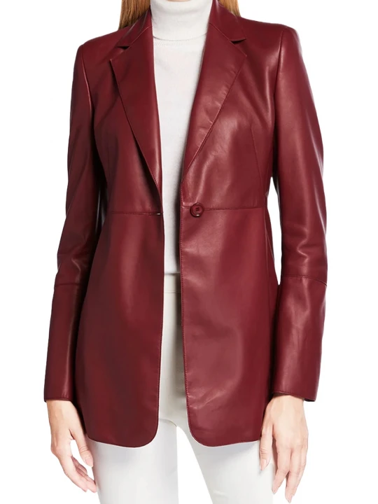 One Button Burgundy Leather Blazer