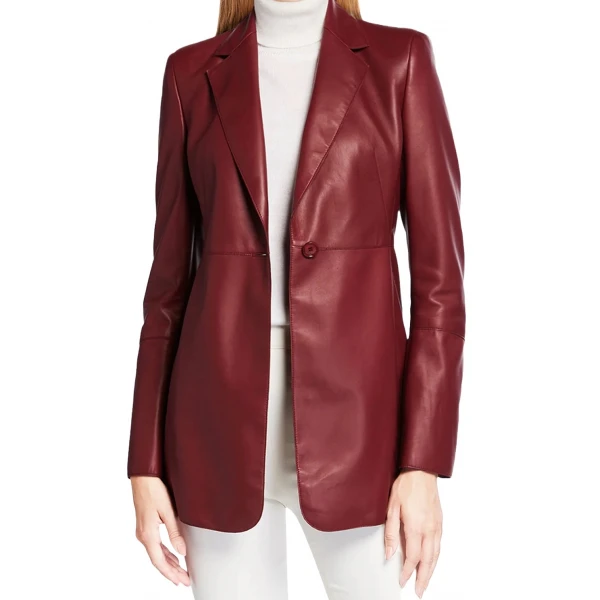 One Button Burgundy Leather Blazer