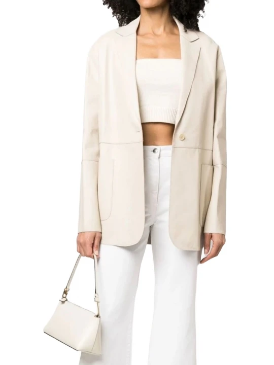 One Button Cream Leather Blazer