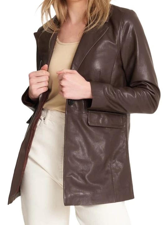 One Button Dark Brown Leather Blazer
