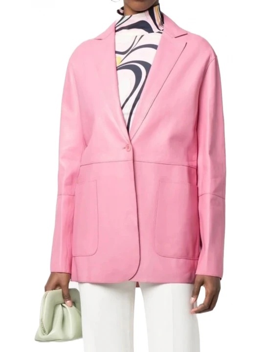 One Button Pink Leather Blazer