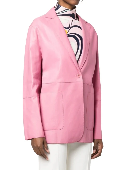 One Button Pink Leather Blazer