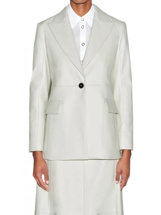 One Button White Leather Blazer
