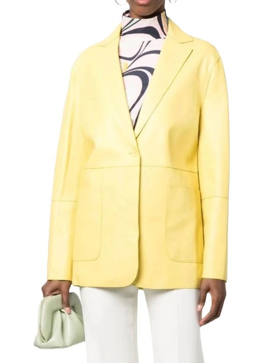 One Button Yellow Leather Blazer