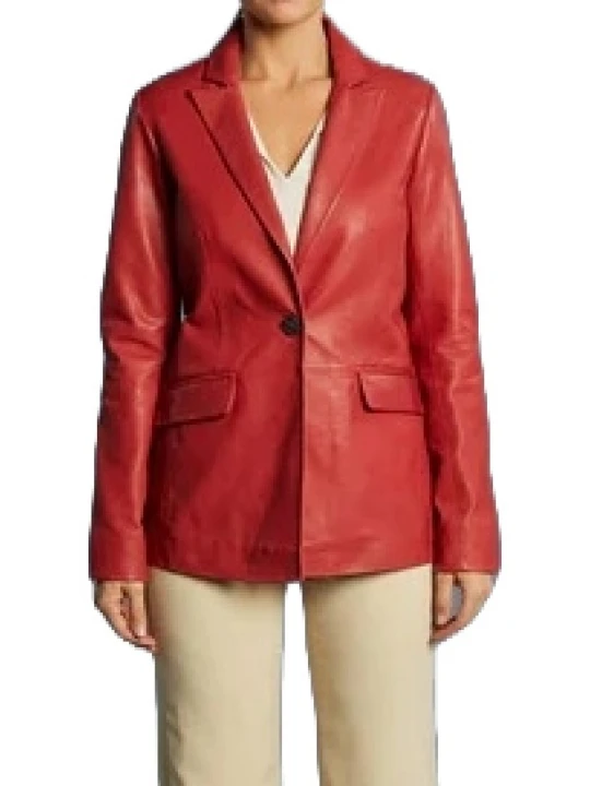 Red Leather One Button Blazer