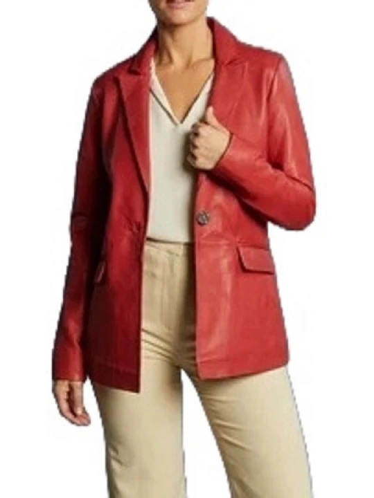 Red Leather One Button Blazer