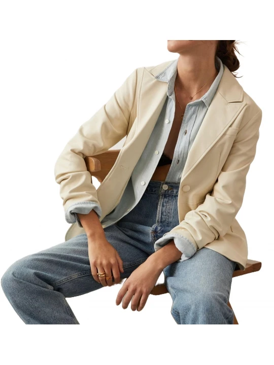 Side Pockets Cream Leather Blazer