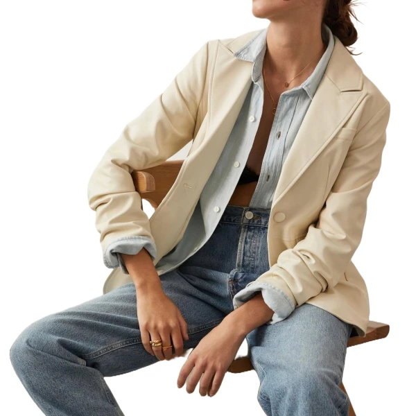 Side Pockets Cream Leather Blazer