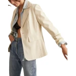 Side Pockets Cream Leather Blazer