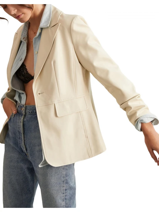 Side Pockets Cream Leather Blazer