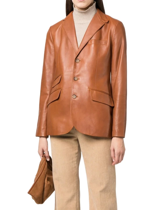 Three Flap Pockets Brown Leather Blazer