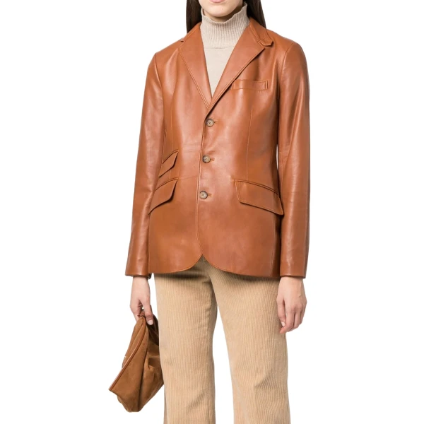 Three Flap Pockets Brown Leather Blazer