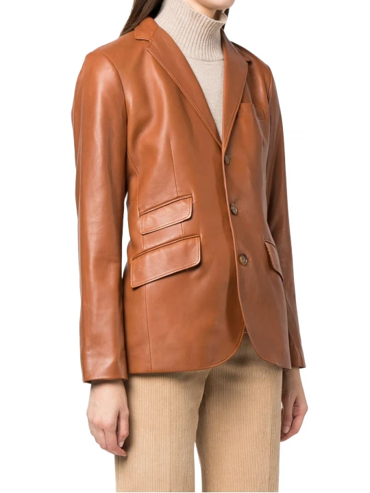 Three Flap Pockets Brown Leather Blazer