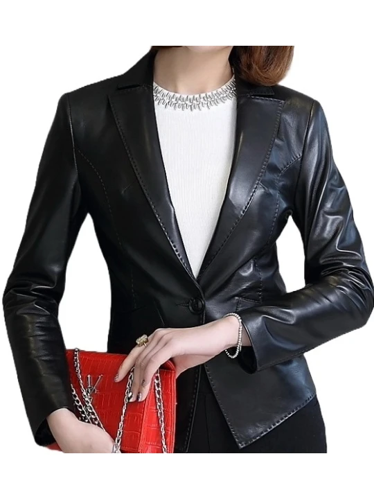 Womens Awesome Look Real Sheepskin Black Leather Blazer Coat
