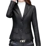 Womens Classic Real Sheepskin Black Leather Blazer Coat