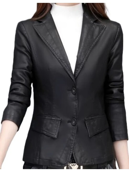 Womens Classic Real Sheepskin Black Leather Blazer Coat