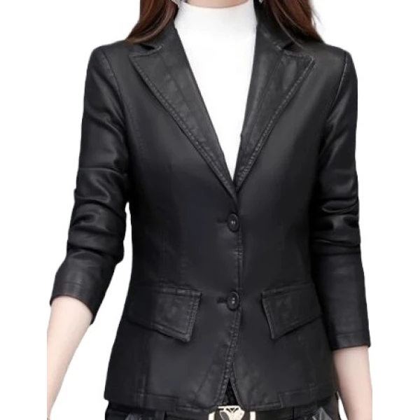 Womens Classic Real Sheepskin Black Leather Blazer Coat