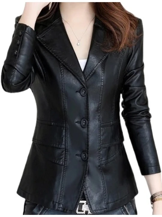 Womens Designer Real Sheepskin Black Leather Blazer Coat