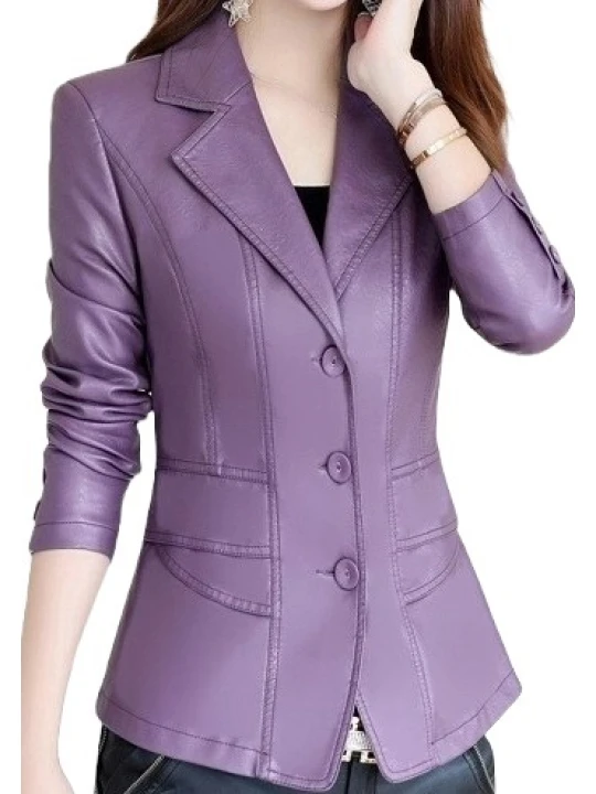 Womens Designer Real Sheepskin Purple Leather Blazer Coat