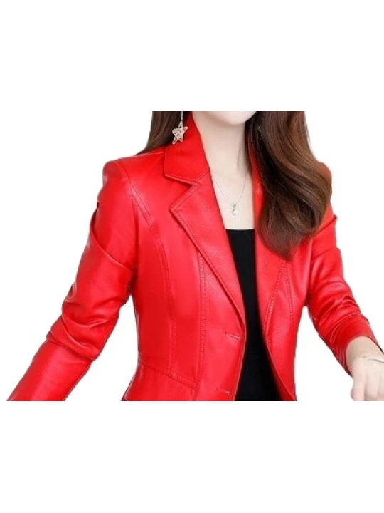 Womens Designer Real Sheepskin Red Leather Blazer Coat