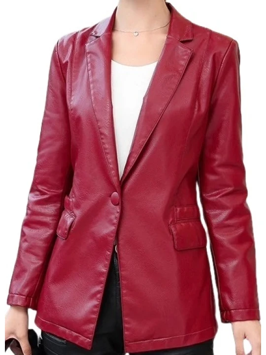 Womens Smart Look Real Sheepskin Red Leather Blazer Coat