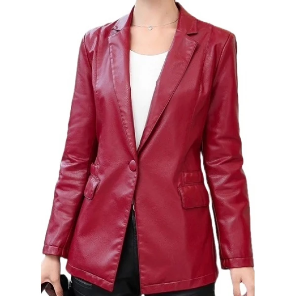 Womens Smart Look Real Sheepskin Red Leather Blazer Coat