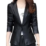 Womens Trendy Real Sheepskin Black Leather Blazer Coat