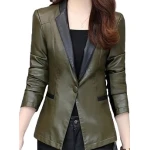 Womens Trendy Real Sheepskin Olive Green Leather Blazer Coat
