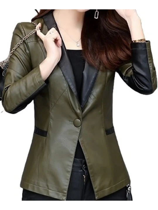 Womens Trendy Real Sheepskin Olive Green Leather Blazer Coat