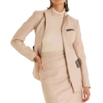 Zipper Closure Beige Leather Blazer